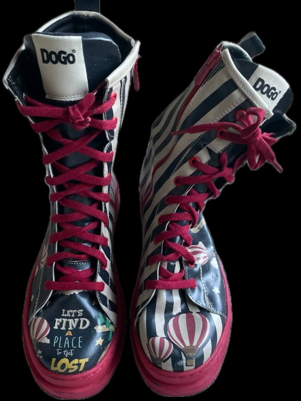 DOGO Striped Hot Air Balloon Lace-Up Boots in Navy, White & Red